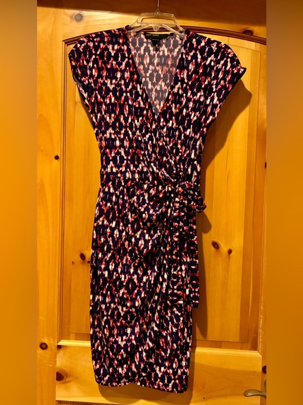 Maggy London Navy Wrap Midi Dress with Pink Pattern